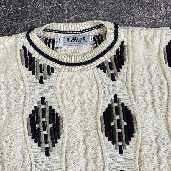 Men's Vintage 90's Lavane Off White Navy Blue Textured Crewneck 3D Sweater Sz XL - Picture 2 of 5